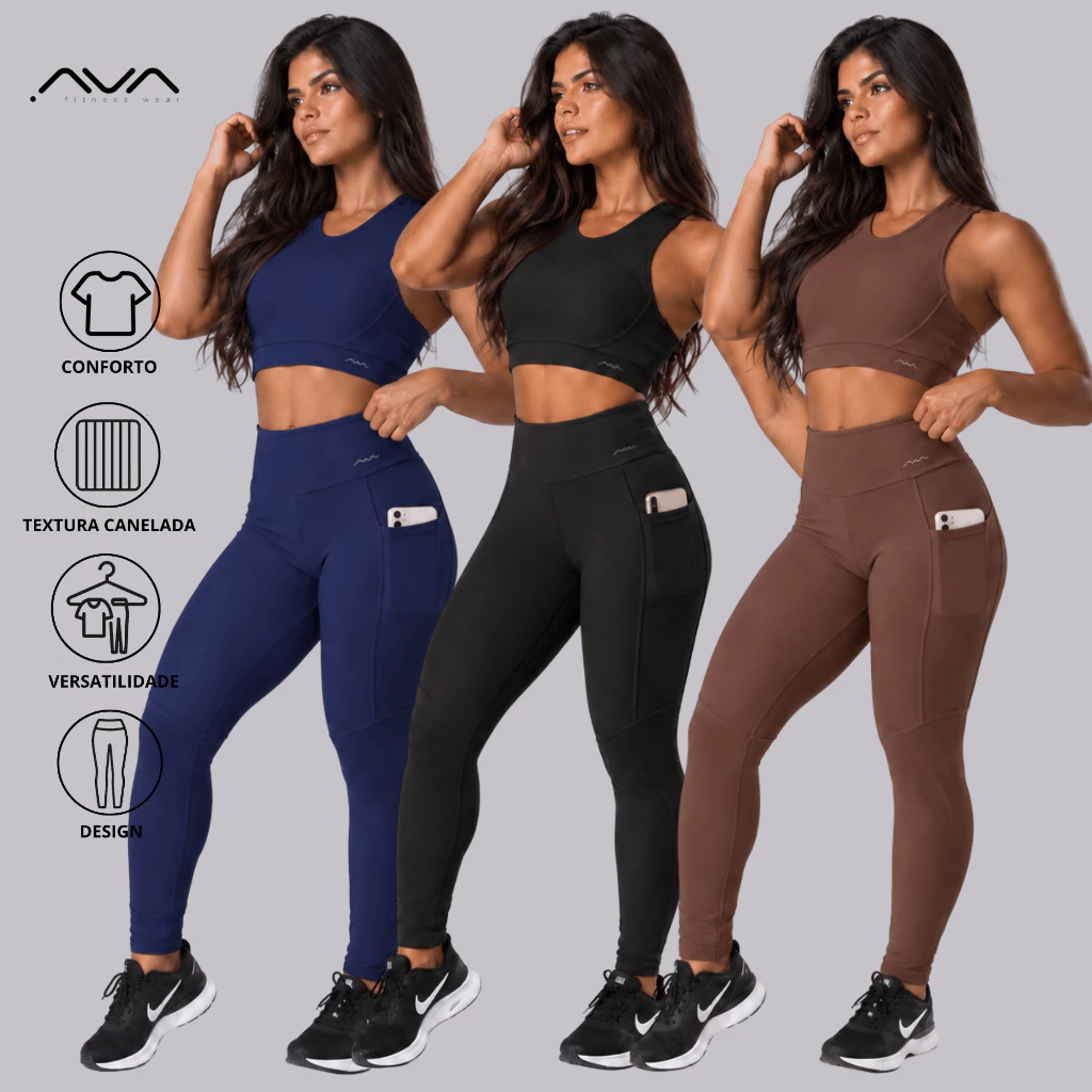 Conjunto Feminino Top Nadador e Calça Legging Bolso Lateral Tecido Canelado Com Forro Duplo AVA Fitness — imagem 1