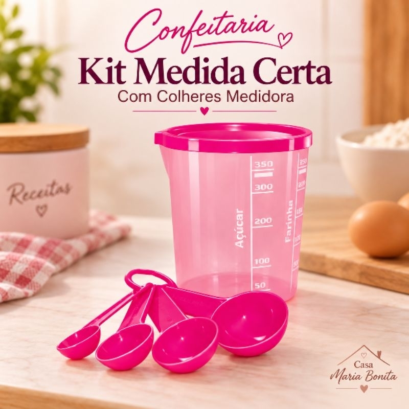 Kit Copo Medida Certa 400ml + 4 Colheres Medidoras Confeitaria e Receitas