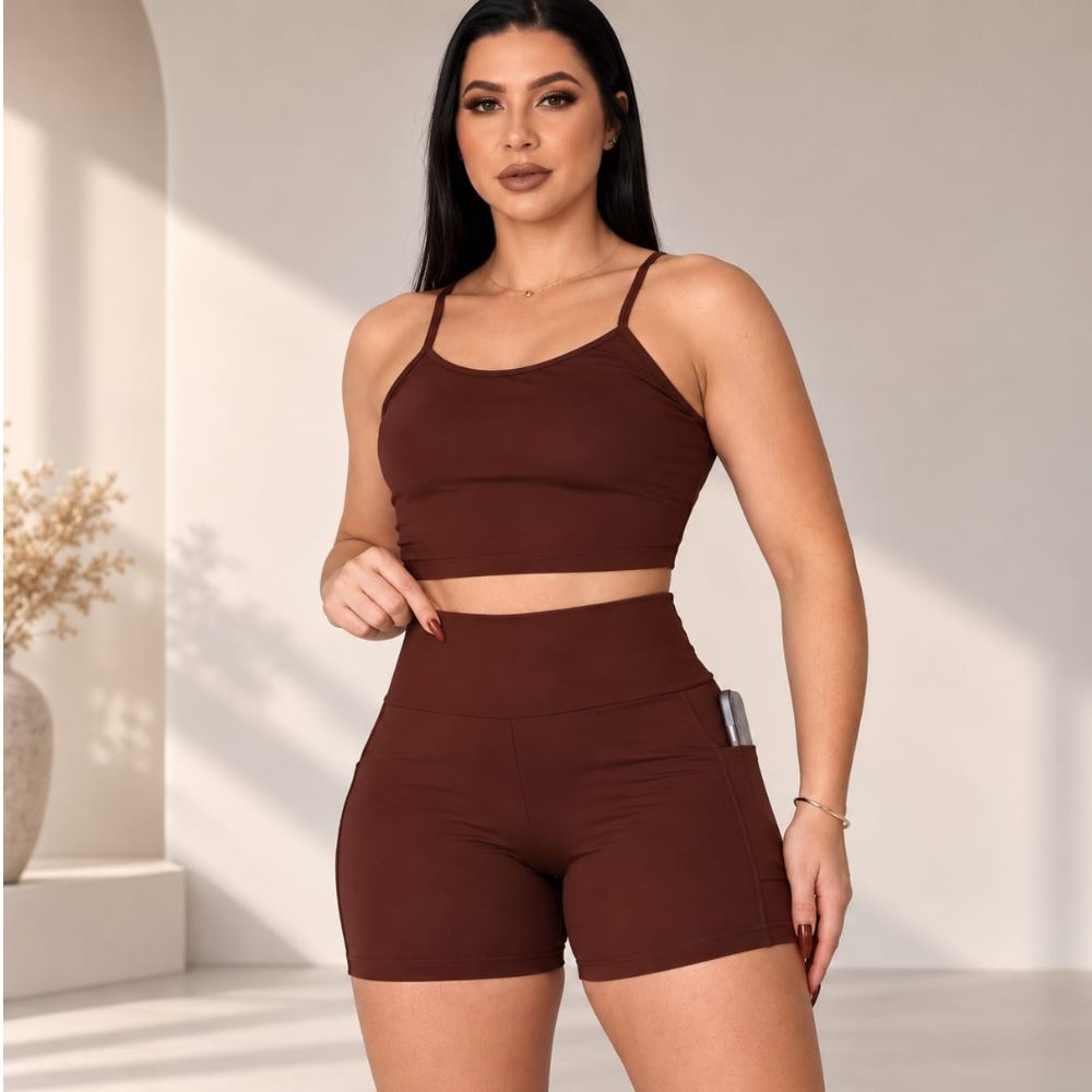 Conjunto De Academia Feminino Shorts Com Bolso Zero Transparência Poliamida Fitness Corrida Top alça