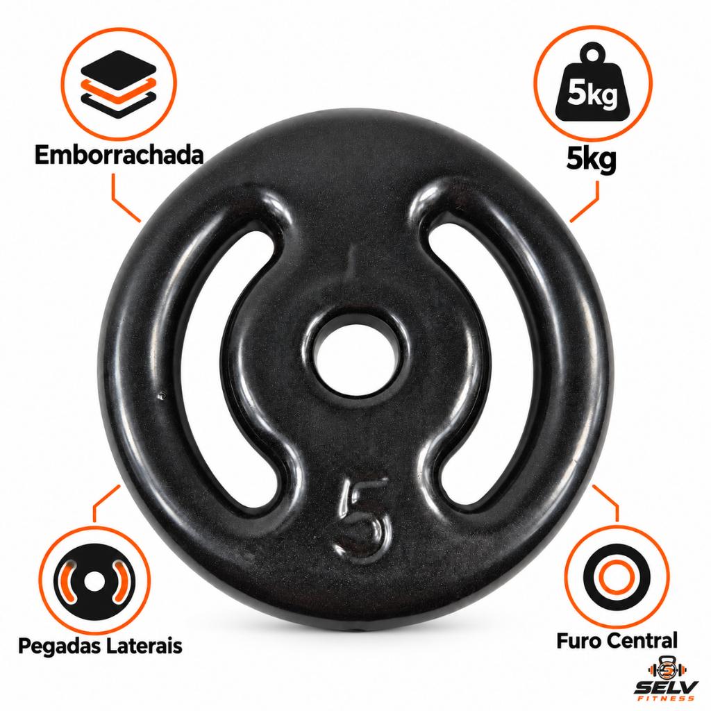 Anilha Emborrachada 5kg Peso Academia Musculação Pegadas Laterais Ferro Fundido Selv Fitness — imagem 2 de 2