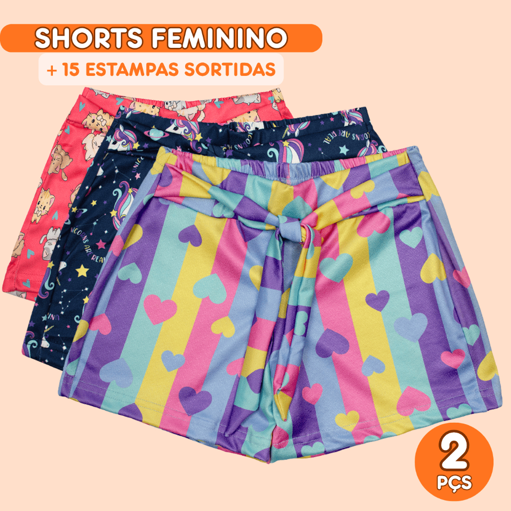 Kit 2 Shorts Infantil Menina Bermuda verão infantil dia a dia estampas coloridas Barato