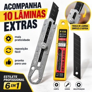 Estilete Profissional Aço Inox Maciço 6 em 1 com Trava + 10 Lâminas Reposição Multiuso Corte Precisão Segurança