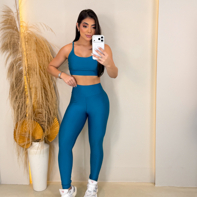 Conjunto Academia feminino suplex power top + legging calça Fitness alta compressão zero transparência Treino Corrida