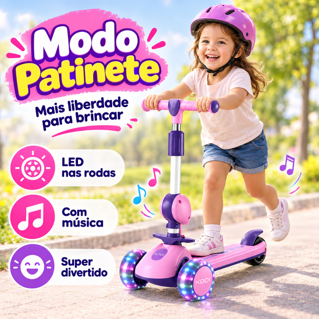 Patinete Infantil 2 em 1 3 Rodas c/ Luzes LED, Música, Assento Ajustável P15