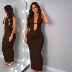 Vestido Decotado Elegante Festa Eventos Verão Tecido Suplex Premium Vestido Decote V Costas Aberta