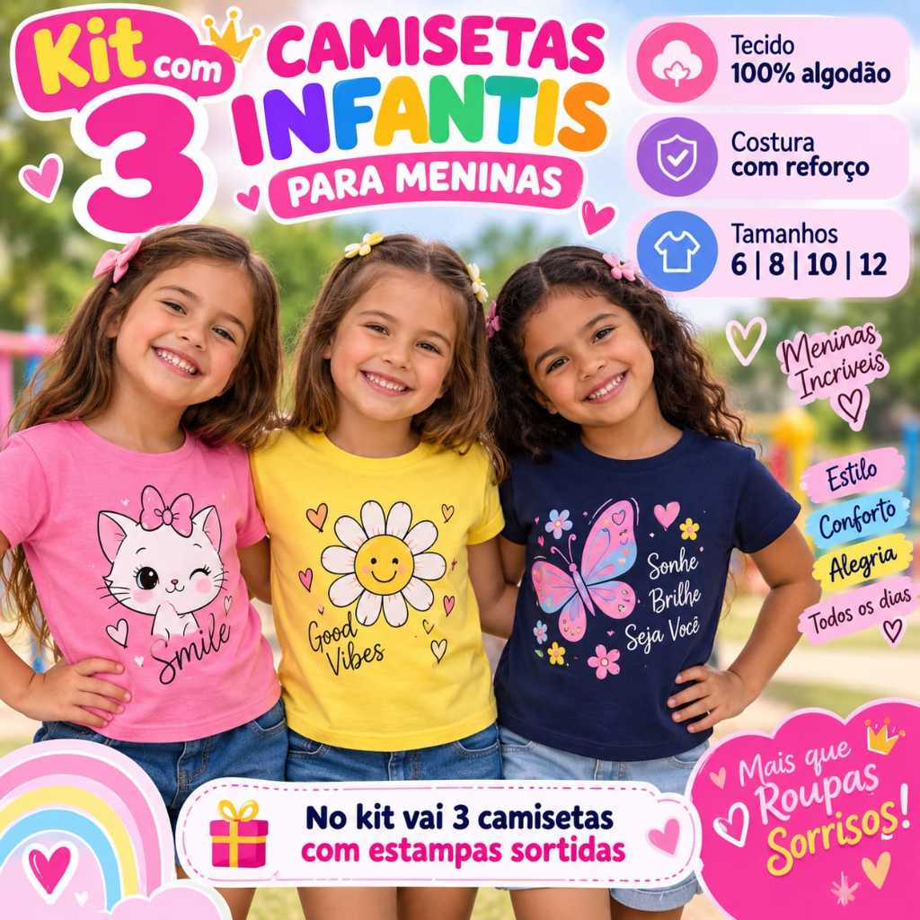 kit 3 camisetas infantil 100% algodão macio para meninas, estampas sortidas blusas roupas para meninas barata