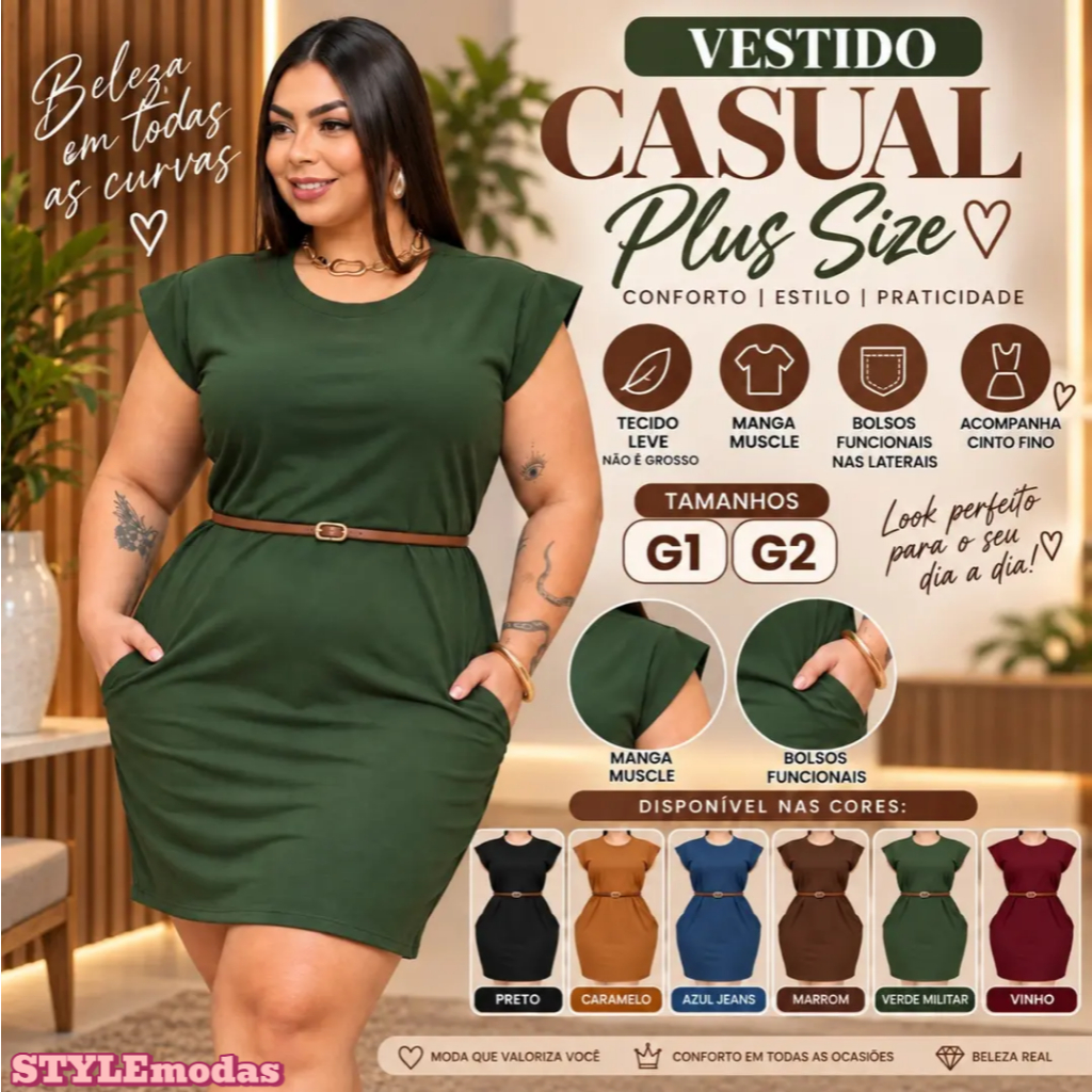 VESTIDO CASUAL Feminino CURTO PLUS SIZE , Com BOLSOS CURVE,CURVY LISO manga muscle 100% algodão moda gringa,Tendencia