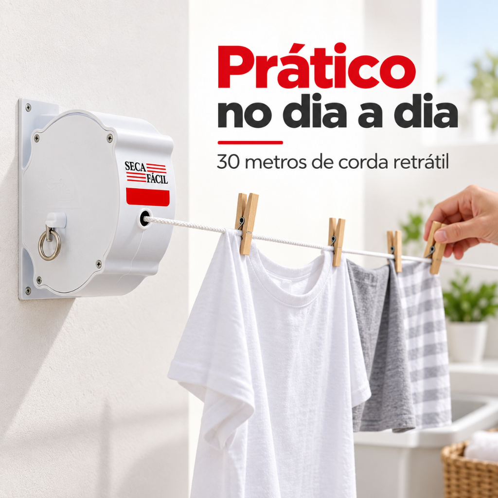 Varal Recolhivel de Parede Retrátil 30 Metros Branco - Seca Facil
