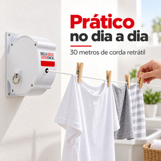 Varal Recolhivel de Parede Retrátil 30 Metros Branco - Seca Facil