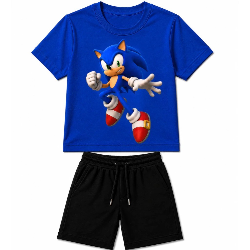 Conjunto bermuda e camiseta infantil menino Sonic Shorts moletinho camisa algodão conforto 2 ao 16