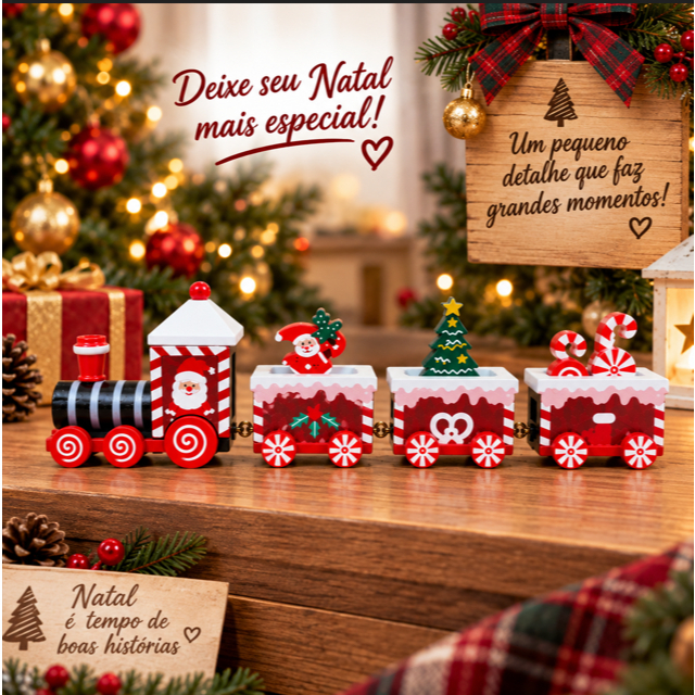 Trenzinho de Natal em Madeira Articulado Enfeite Natalino Decoração de Natal para Mesa e Presente