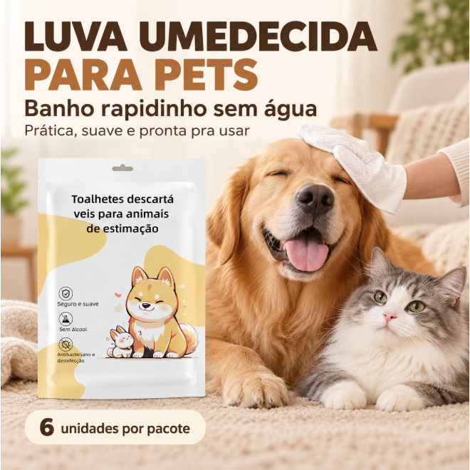 Toalha Luva para Banho a Seco Pet Cães e Gatos Limpeza Corporal Patas Pelos Rosto Sem Álcool Uso Diário Higiene Animal