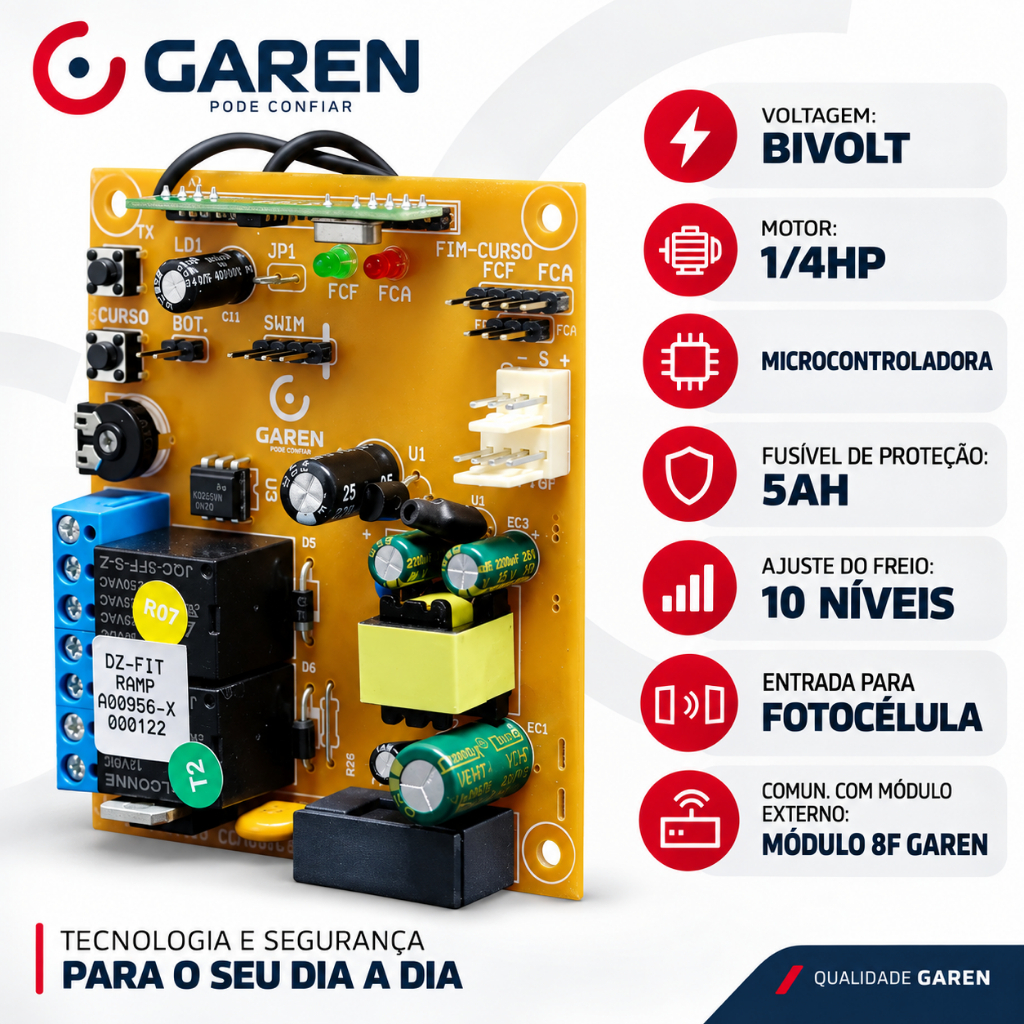Placa Central De Comando para Motor de Portão Eletrônico Fit Ramp Garen Bivolt