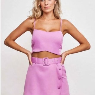 Conjunto alfaiataria  feminino Cropped e shorts saia com Cinto #conjunto rosa/lilas/preto/verde/mostarda
