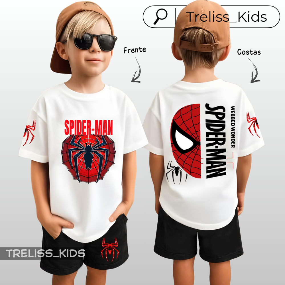 Conjunto Infantil Spider Man Webbed Wonder Camiseta 100% Algodão Bermuda Preta Moletinho Kit Homem Aranha