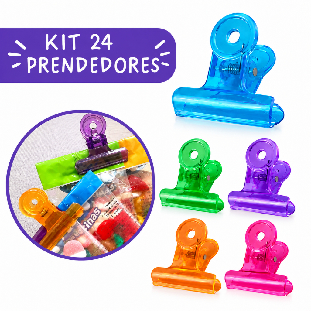 Kit 24 Prendedores Fecha Embalagem de Acrílico Colorido Clip Alimentos