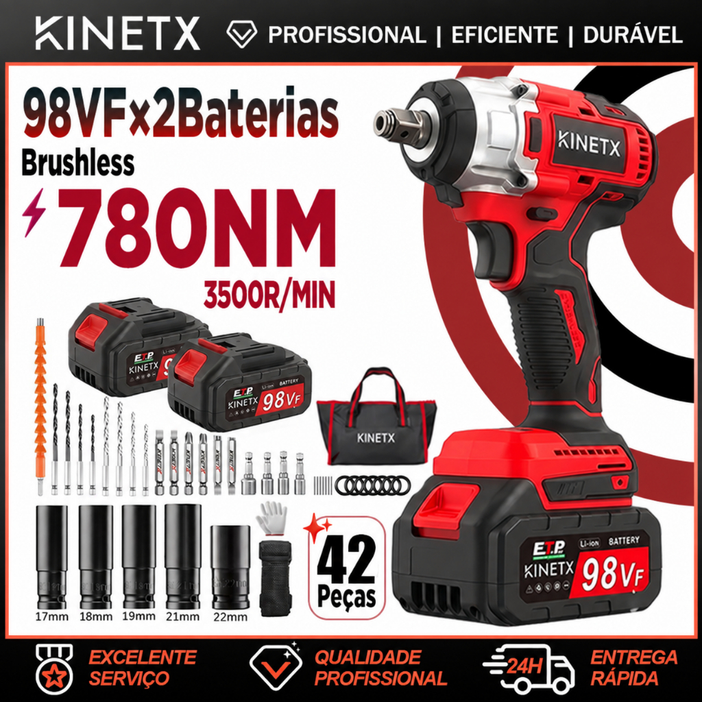 Chave de Impacto Parafusadeira Furadeira 98Vf 2 Baterias 780NM 42 Peças Elétrica Sem Fio Motor Brushless