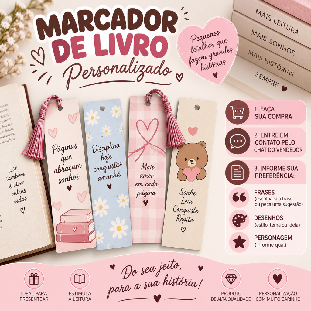 Marcador de Livro Personalizado | Kit 1, 2 ou 4 Unidades | Com ou Sem Tassel | Frases, Desenhos e Personagens