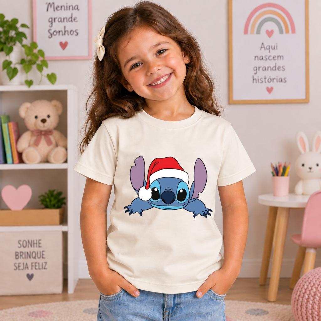 Camiseta Infantil Stitch Natal Feminina 100% Algodão Estampa DTF Premium Confortável Casual