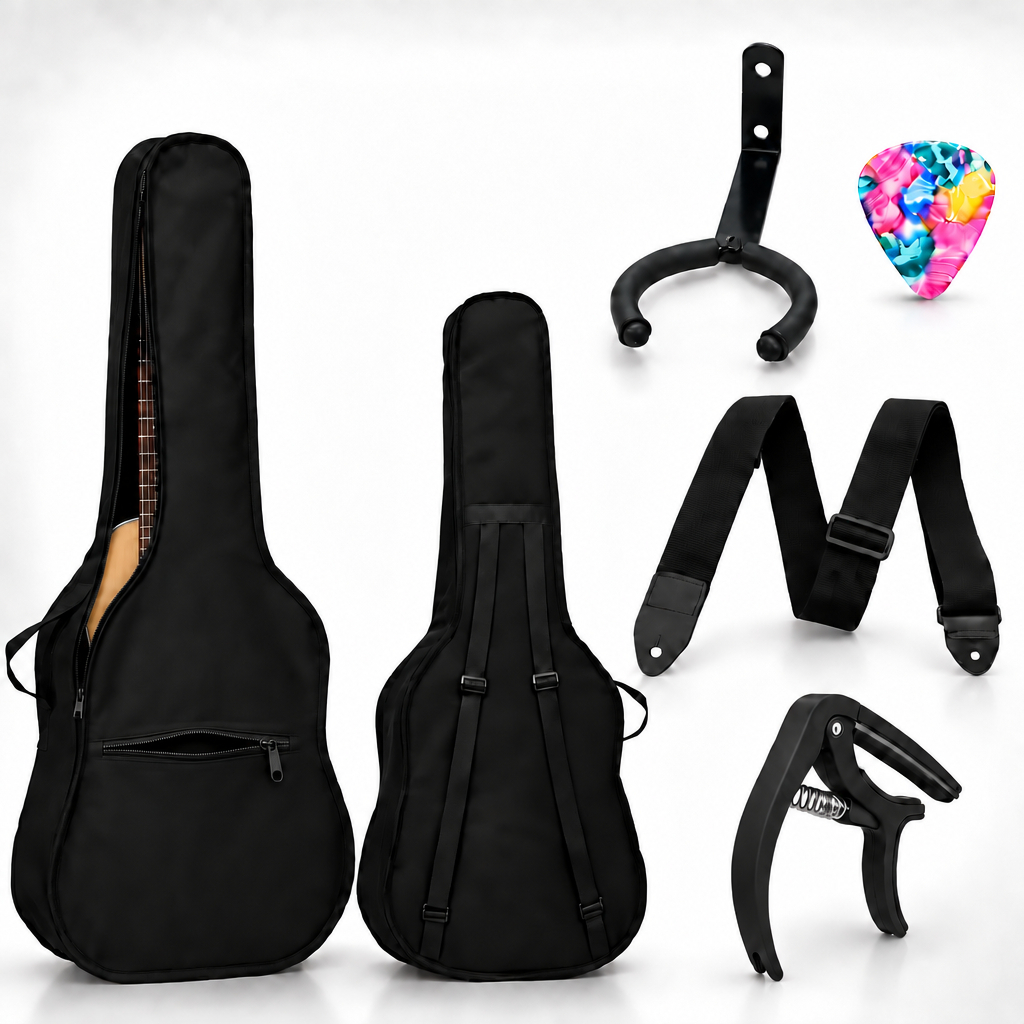 Kit Capa Para Violão Folk Clássico Duas Alças + Capotraste + Correia + Suporte Para Violão + Palheta