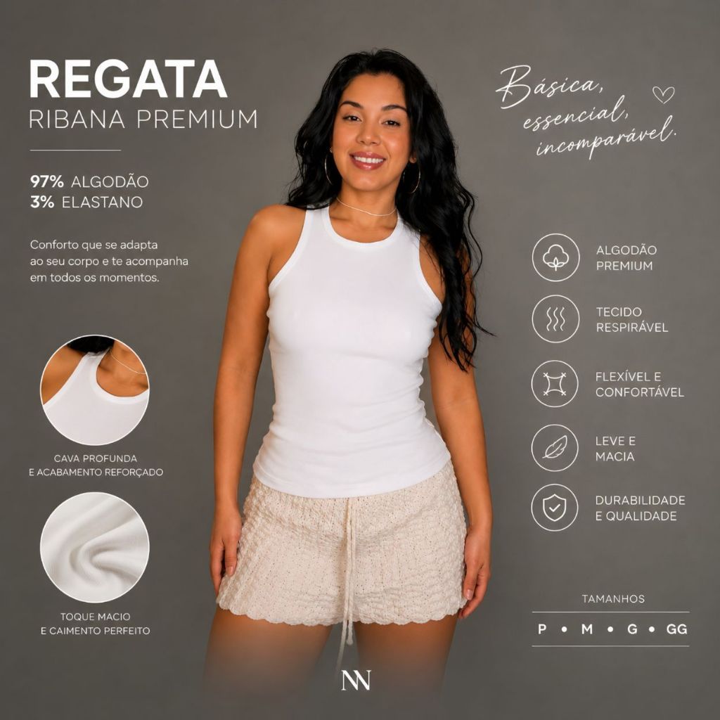 Regata Canelada Algodão Elastano Feminina Promoção Básicos Conforto Casual Ótimo custo benefício