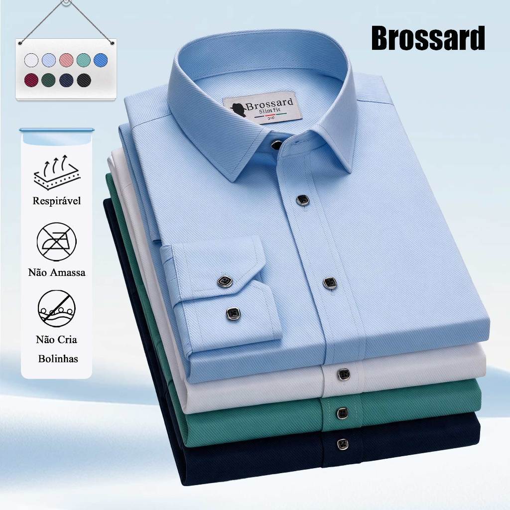 Camisa Social Masculina Brossard Manga Longa Respirável Não Amassa Confortável Para Culto na Igreja