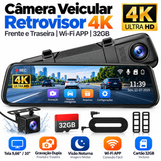 Dash Cam Câmera Veicular Retrovisor 4K Tela 10” Dupla Frente Traseira Wi-Fi APP 32GB