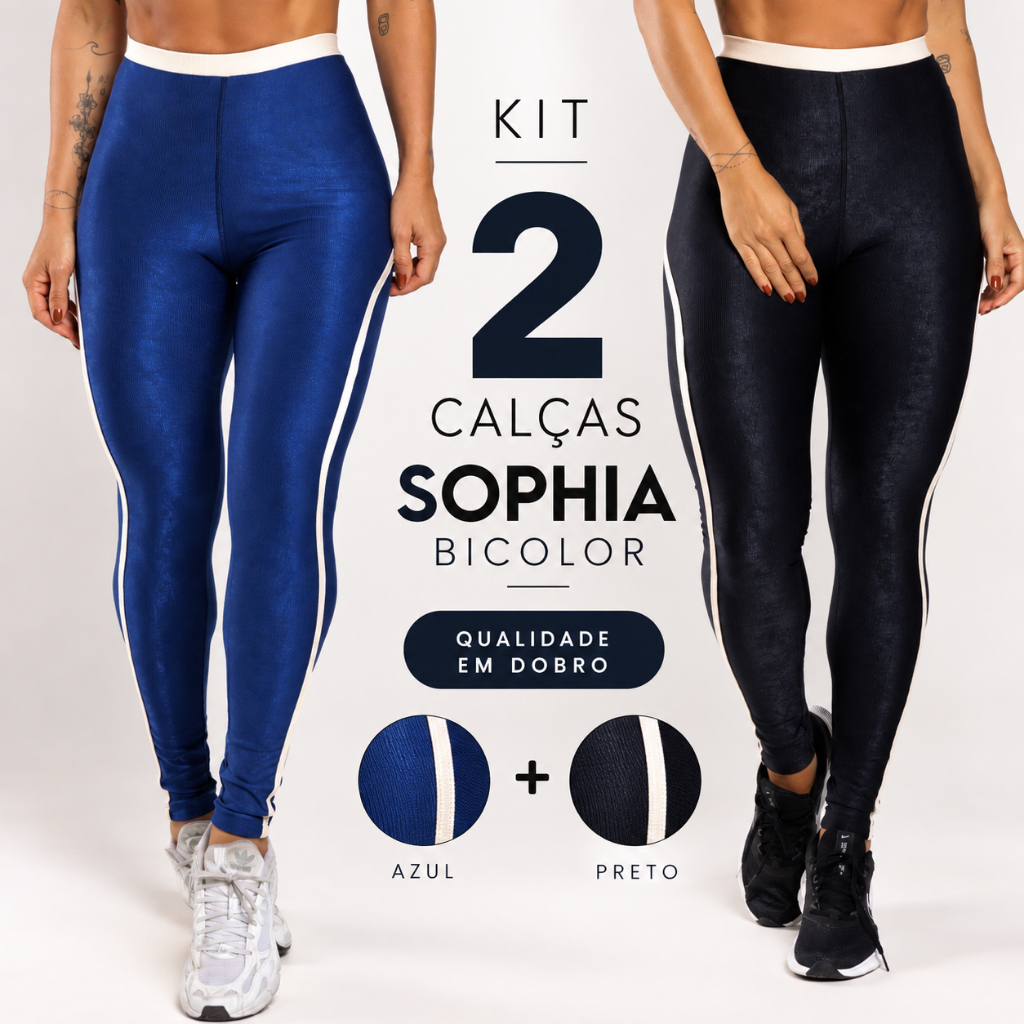 Kit 2 Calças Sophia Bicolor Feminina Canelada Zero Transparencia com Bolso Fitness Academia Treino Corrida Confortavel