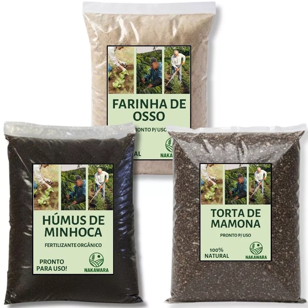Kit Adubo Orgânico Húmus De Minhoca + Torta De Mamona + Farinha De Osso Plantas Vasos Jardim