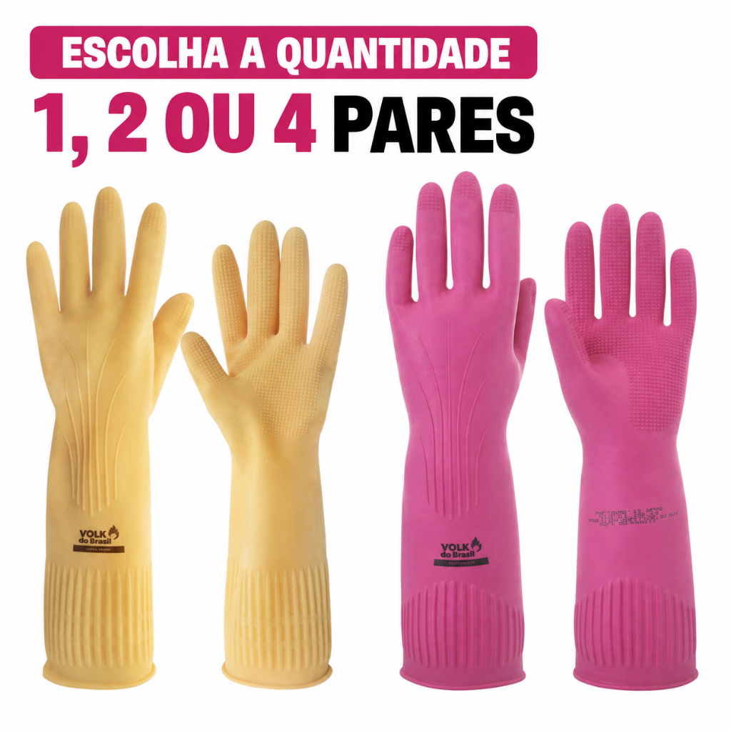 Luva Látex Cano Longo Ranhurada para Limpeza 1 2 Ou 4 Pares Rosa Amarelo Louça Pet Shop Tira Pelo
