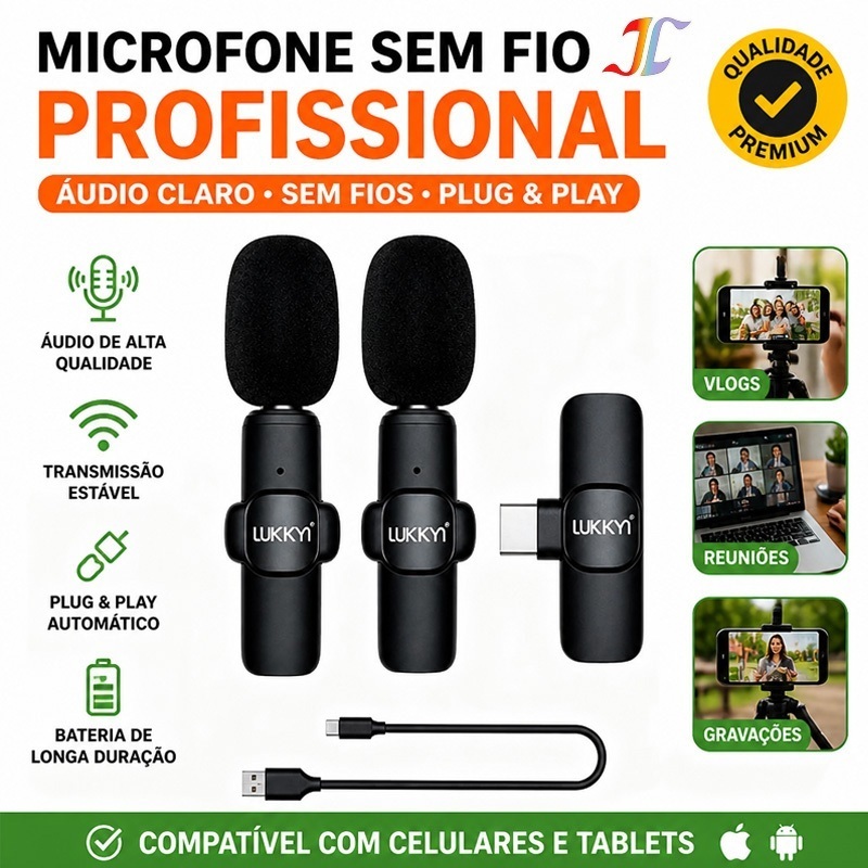 Microfone de lapela Tipo C sem fio com redução de ruído, transmissão ao vivo e gravação via Bluetooth K9-TC-2