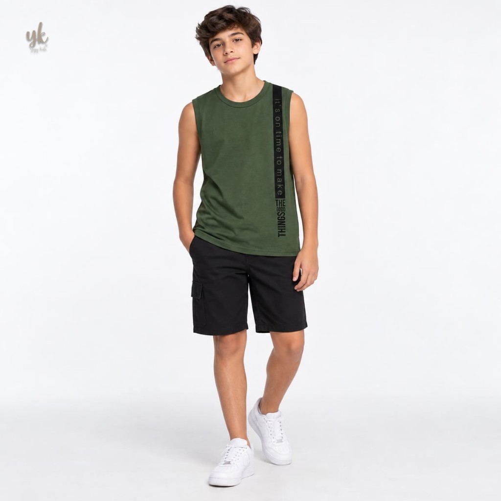 Regata Juvenil Masculina Estampada com Faixa Lateral Tecido Leve Verão