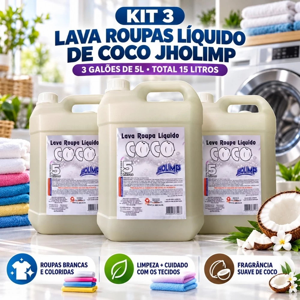 Kit 3 Sabão Líquido Lava Roupas 5 Litros Galão Côco Tira Manchas Para Roupas Brancas e Coloridas