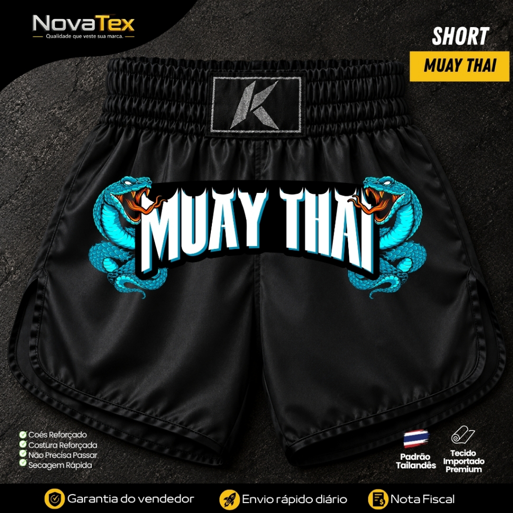 Short Muay Thai Blue Snake para Treino Unissex Alta Qualidade Confortável e Resistente