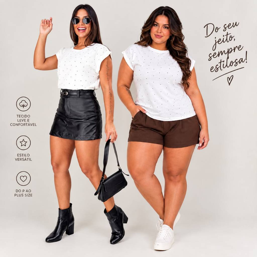 T shirt Blusa Feminina Manga Japonesa Plus Size 100% Algodão com Strass Pedraria