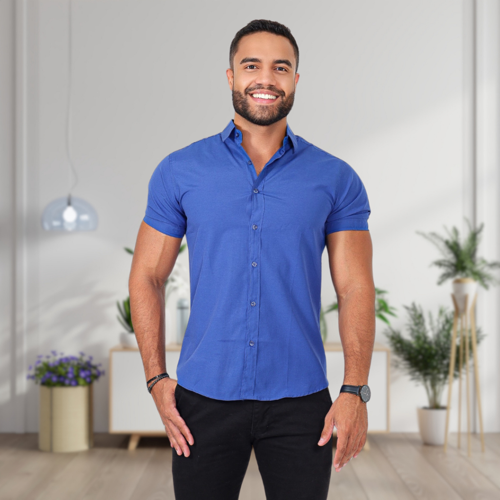 Camisa manga curta slim fit luxo algodão sem bolso não amassa