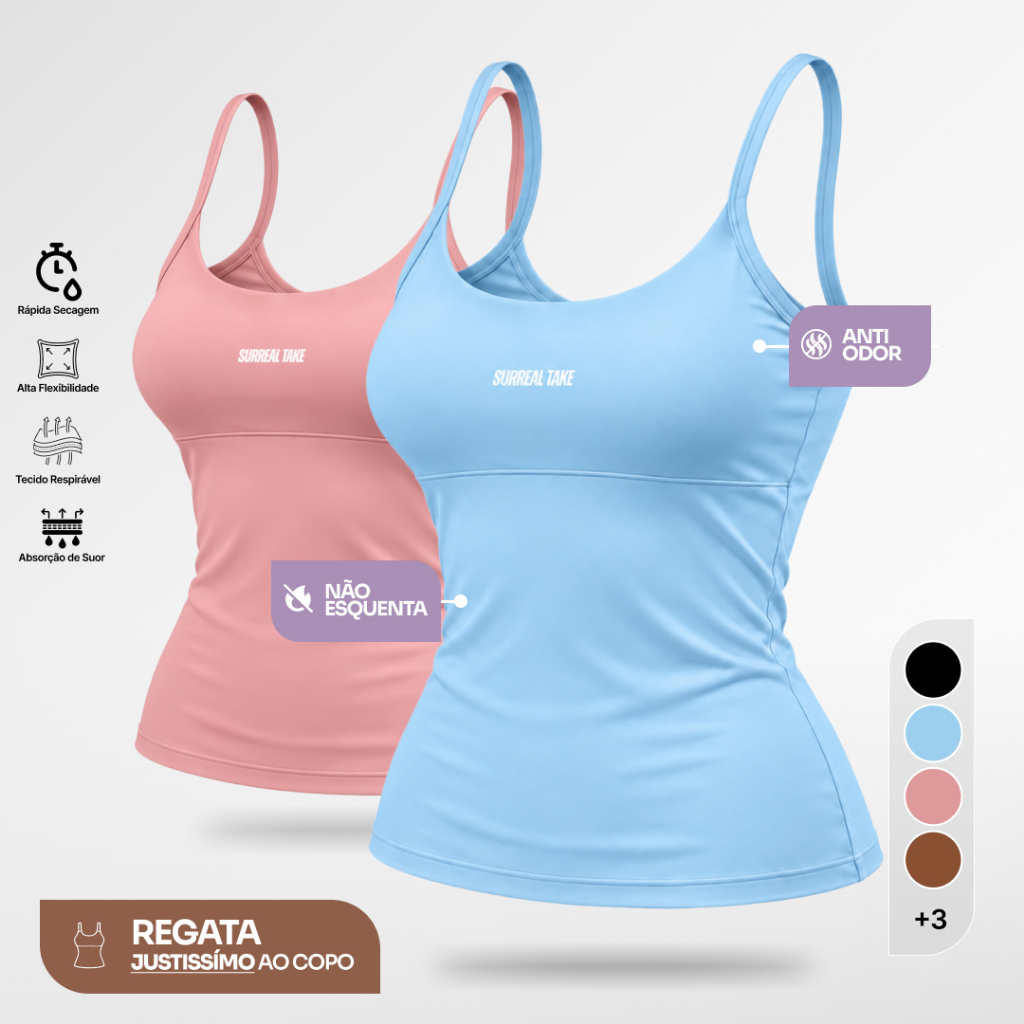 KIT 2 ou 1 Regata Camiseta Alça Fina Fitness Blusa Feminino Liso Poliamida Treino Slim Academia Caminhada