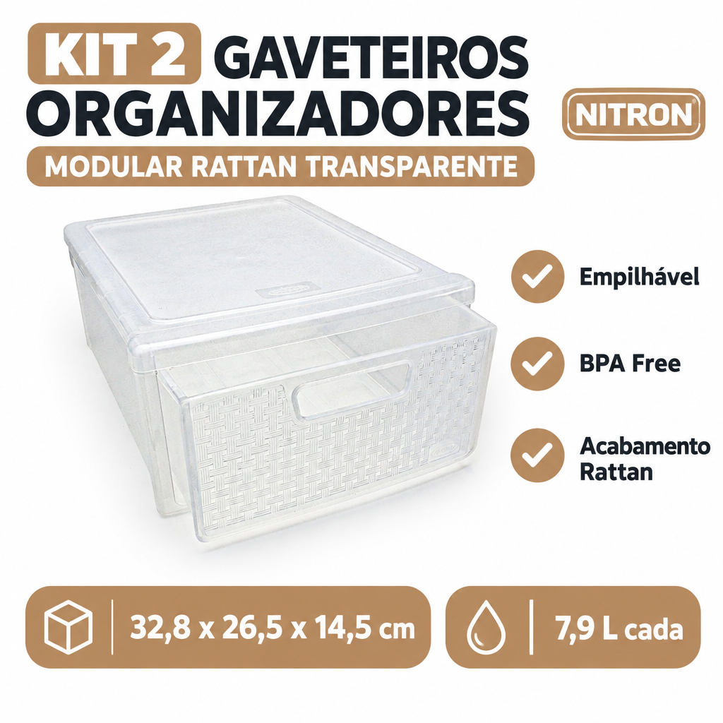 Kit 2 Gaveteiros Modular Rattan Transparente Empilhável Organizador Nitron 7,9L BPA Free