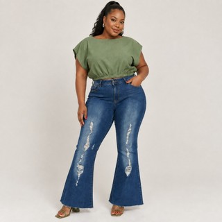 Calça Jeans Feminina Flare Destroyed Rasgada Cintura Alta Barra Desfiada Jeans Lavagem Azul Moda
