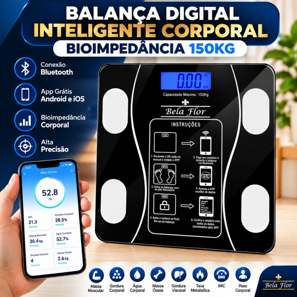 **Balança Digital Inteligente com Bioimpedância Bluetooth App Android e iOS – Análise Corporal Completa até 150kg**