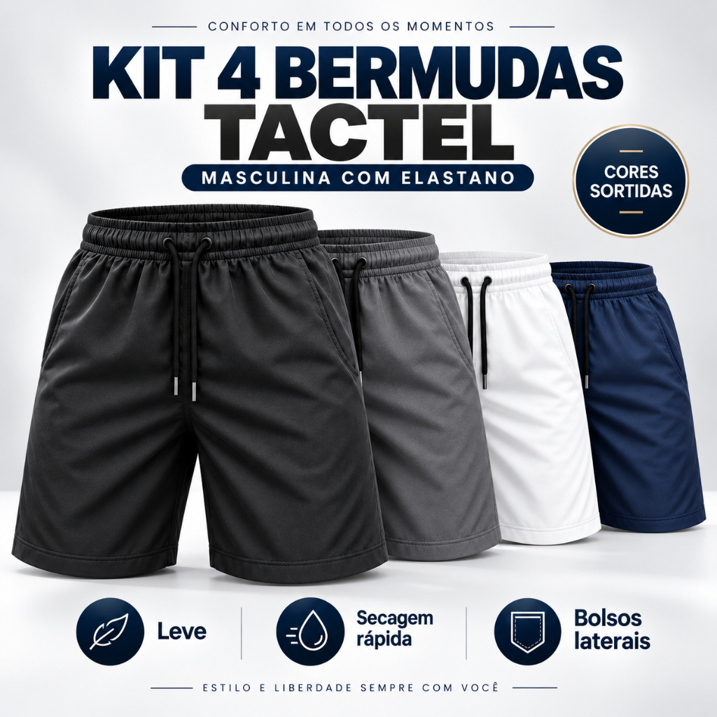 KIT 4 Bermudas Masculinas Tactel com Elastano Shorts Esportivo Secagem Rápida