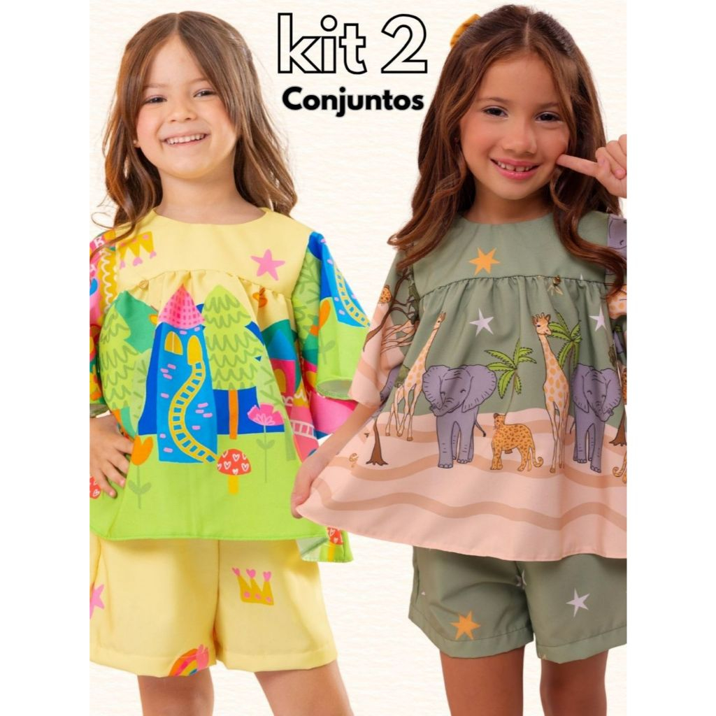 Kit 2 Conjunto Infantil Menina Premium Colorido Estampado Soltinho Confortável Casual
