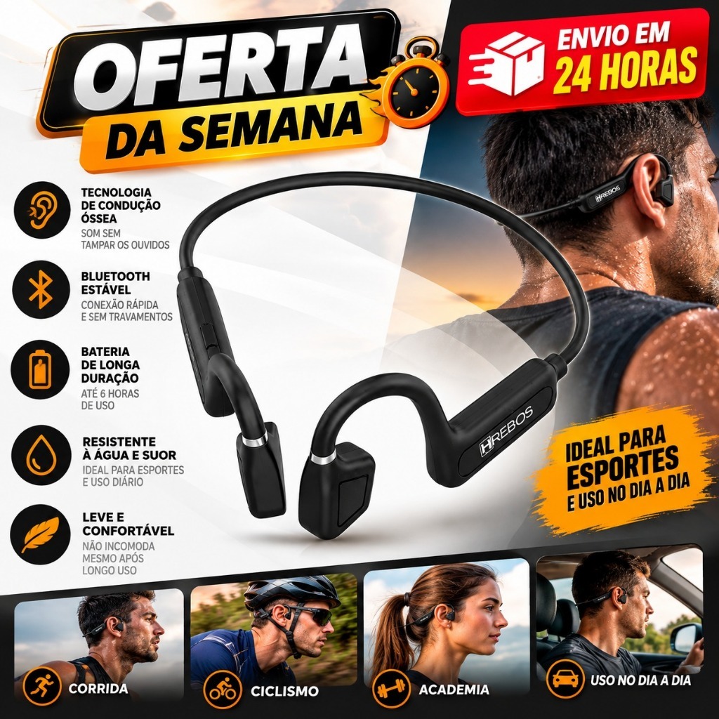 Fone Bluetooth 5.0 Condução Óssea Hrebos HS-611 Earflex Esportivo – Som Premium, Mãos Livres, Resistente à Água