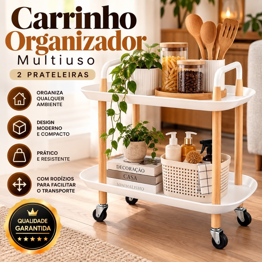 Carrinho Organizador Multiuso 2 Prateleiras com Rodinhas, Plástico e Metal Branco para Cozinha, Banheiro e Lavanderia