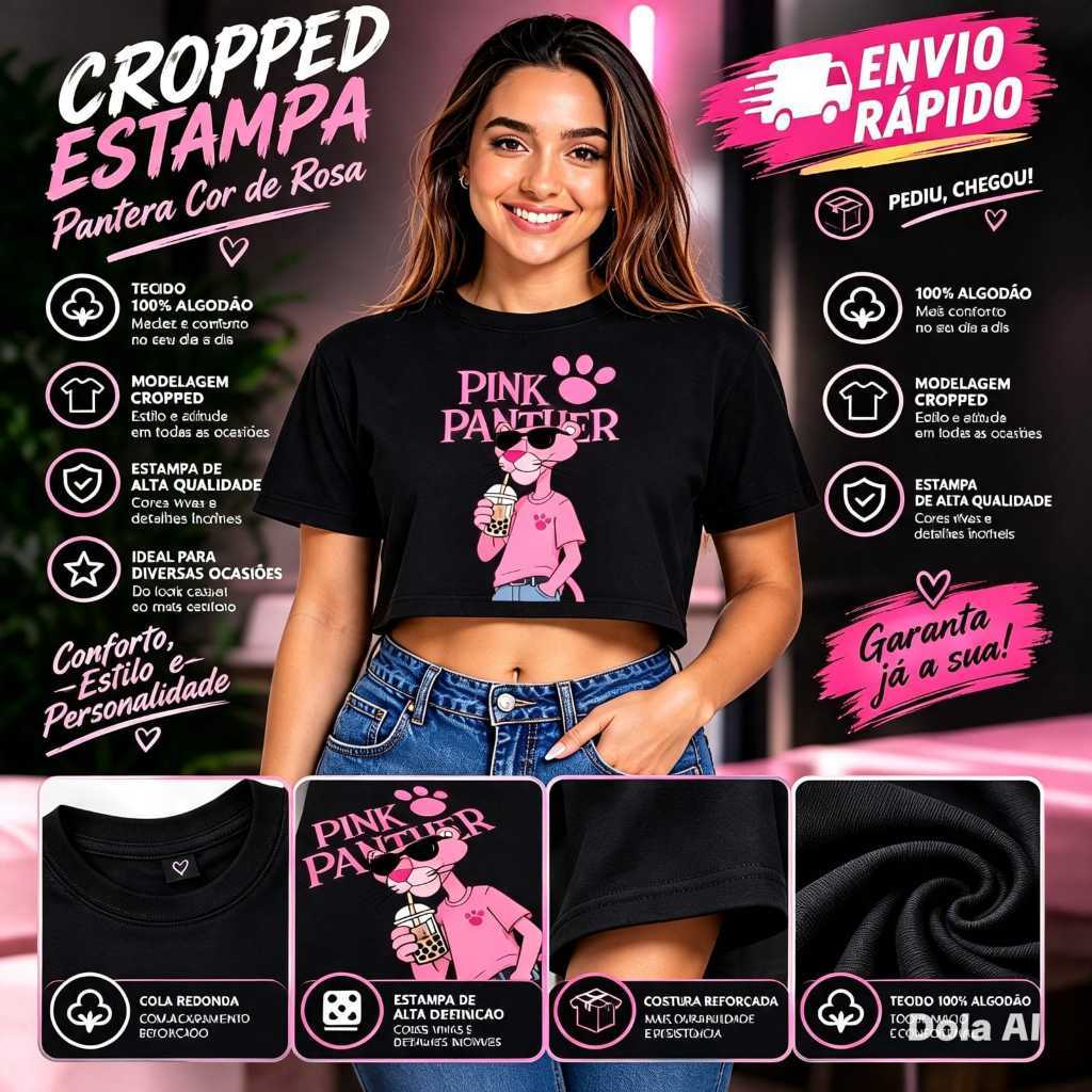 Cropped Feminino Pantera Pink Estiloso Confortável 100% Algodão Varias Cores Envio imediato
