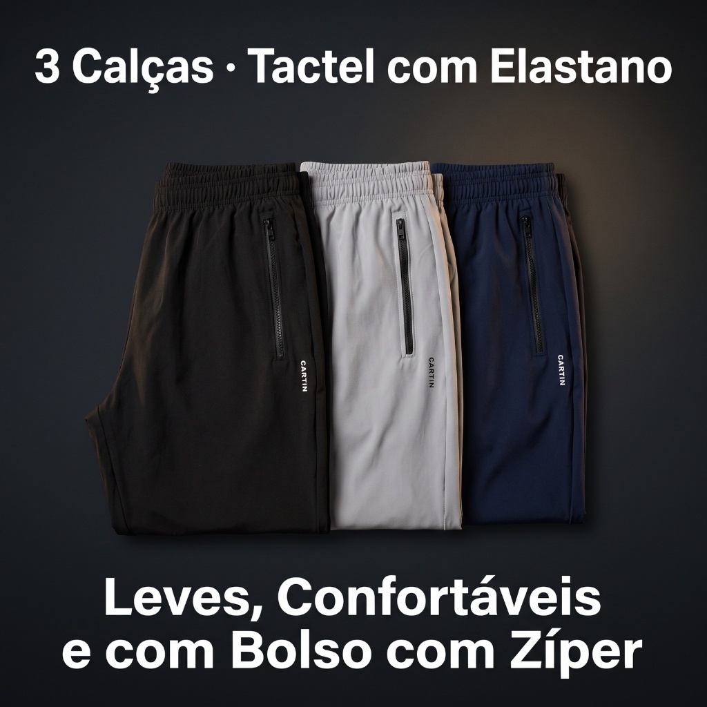 Kit 3 Calças Jogger Masculina Tactel com Elastano Bolso Zíper Academia Treino Corrida Secagem Rápida Leve Premium