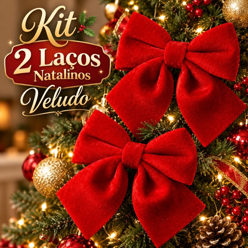 Kit Laço Vermelho Veludo Grande 15 cm Natal Árvore Decoração Natalino Dourado Premium de Luxo