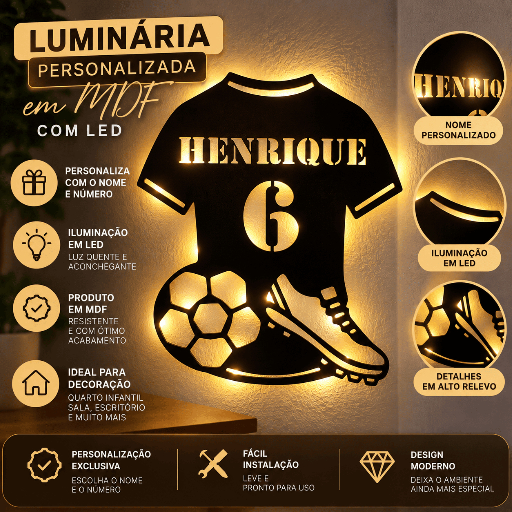 Luminária Camisa de Futebol Personalizada com Nome e Número LED MDF