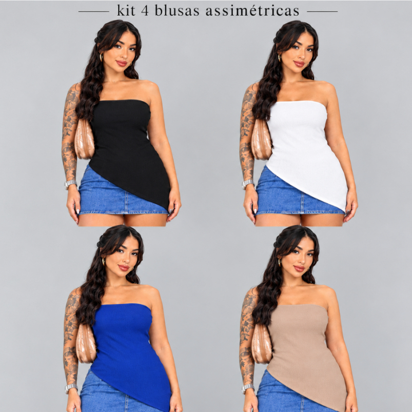 Kit 4 Blusas Tomara Que Caia Assimétrica Canelada