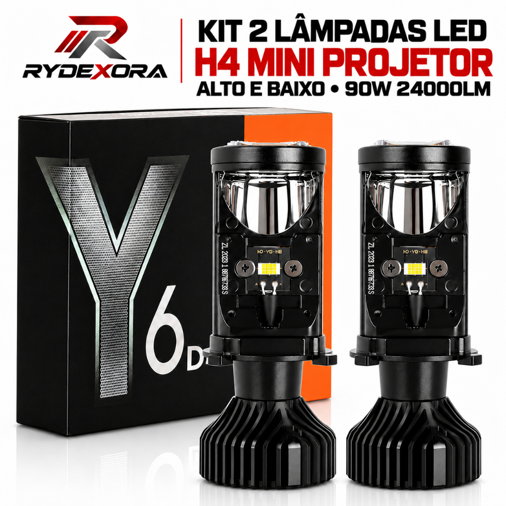 Kit 2 Lâmpadas LED H4 Mini Projetor Alto e Baixo 90W 24000LM para Carro e Caminhão